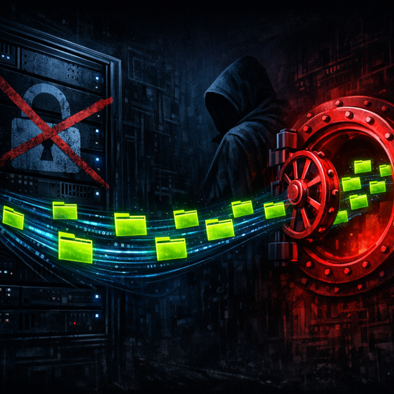 A server rack with files copied out as data streams while a faded encryption lock icon is crossed out