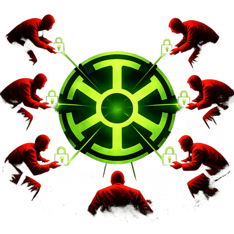 A hub-shaped logo placeholder with affiliate figure silhouettes feeding into it carrying lock icons