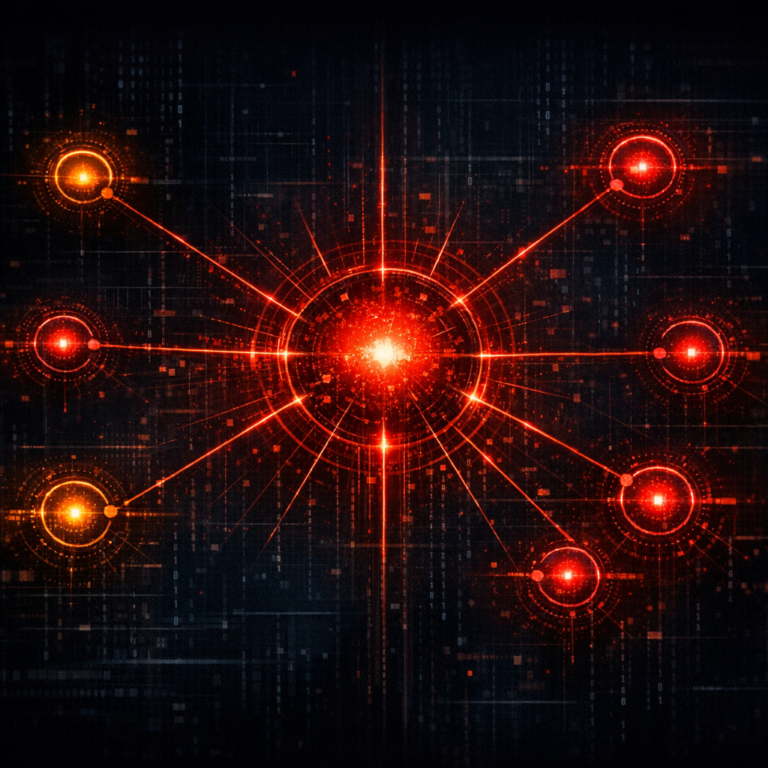 Abstract franchise network with central core and satellite affiliate nodes representing RaaS