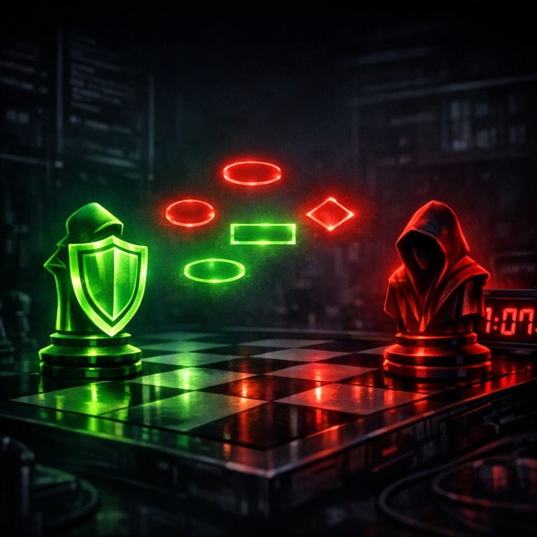 A chess board with a corporate shield piece facing a hooded figure piece, negotiation tokens between them, countdown clock