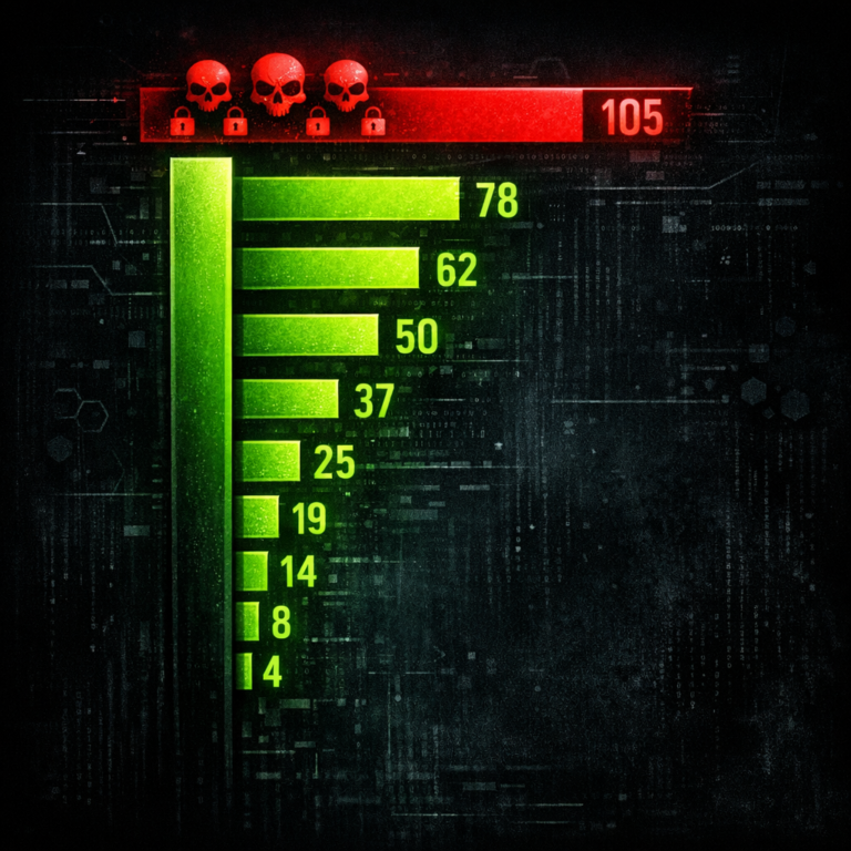 A leaderboard ranking display with vertical bars representing different ransomware operators
