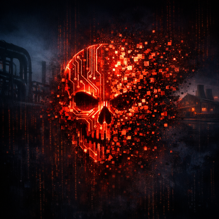 Crimson digital emblem dissolving into fragments evoking the REvil ransomware operation