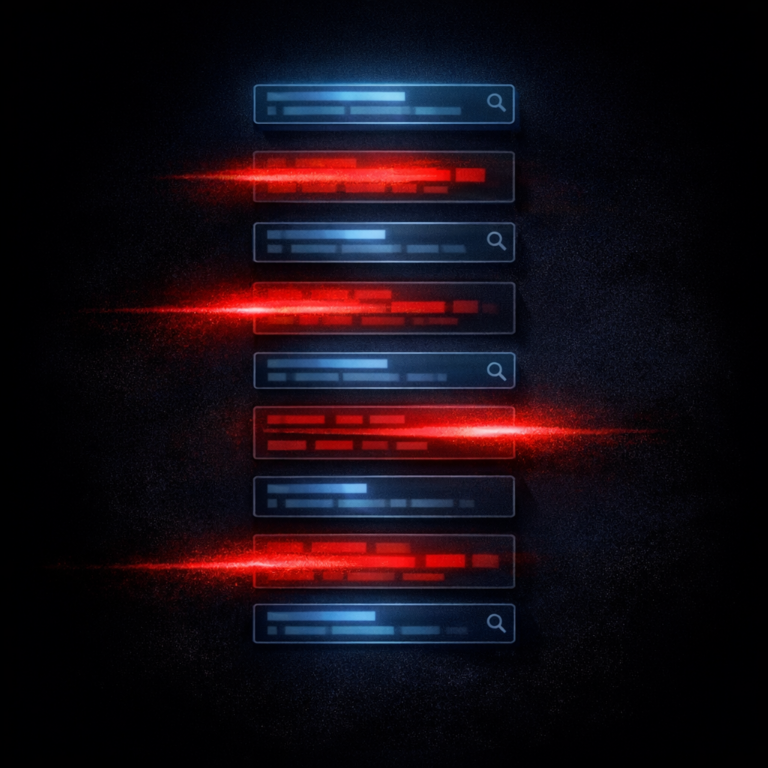 Stack of search results with some struck through by red erasure beams representing right to be forgotten