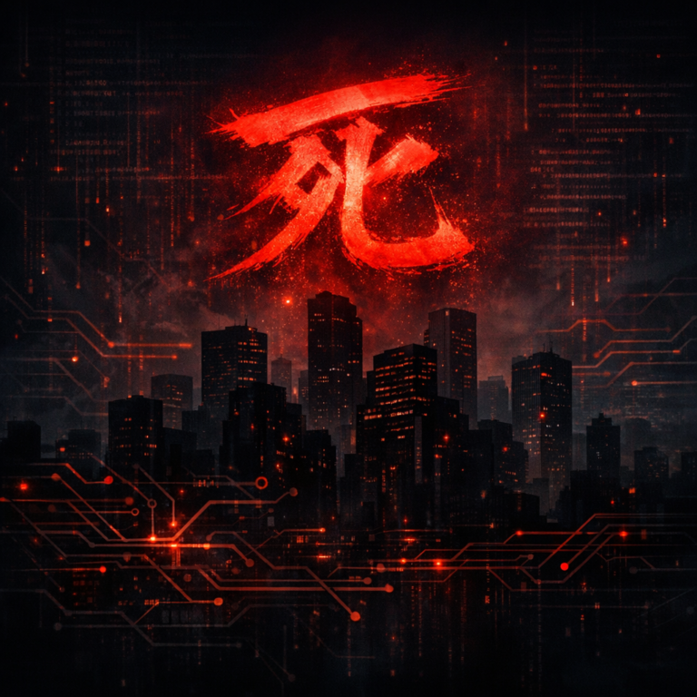 Crimson brushstroke mark hovering over a corporate skyline symbolising Ryuk big-game hunting ransomware