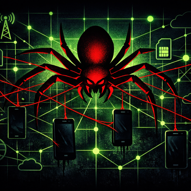 A spider silhouette spread over a network diagram with telecom and SIM-card icons connected by red threads