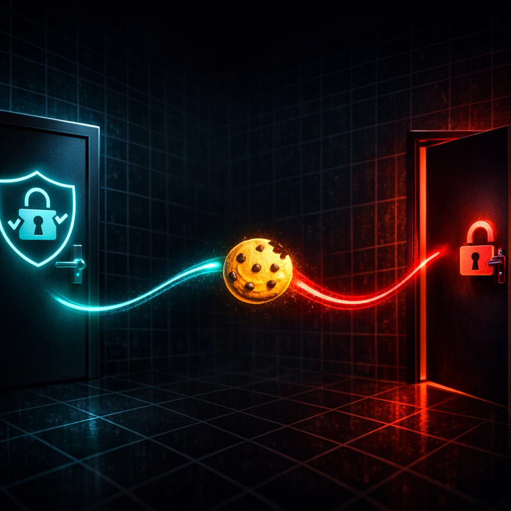 Cookie passing from locked MFA door to unlocked door representing MFA bypass via session theft