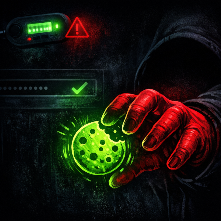 A session cookie icon being snatched by a hooded hand with a successful login authentication and a bypassed MFA token
