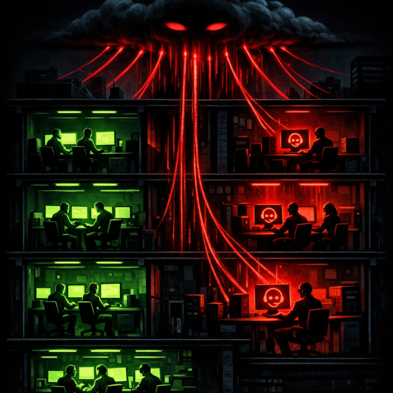 Office building cross-section showing employees at computers with red shadow AI streams flowing to a cloud