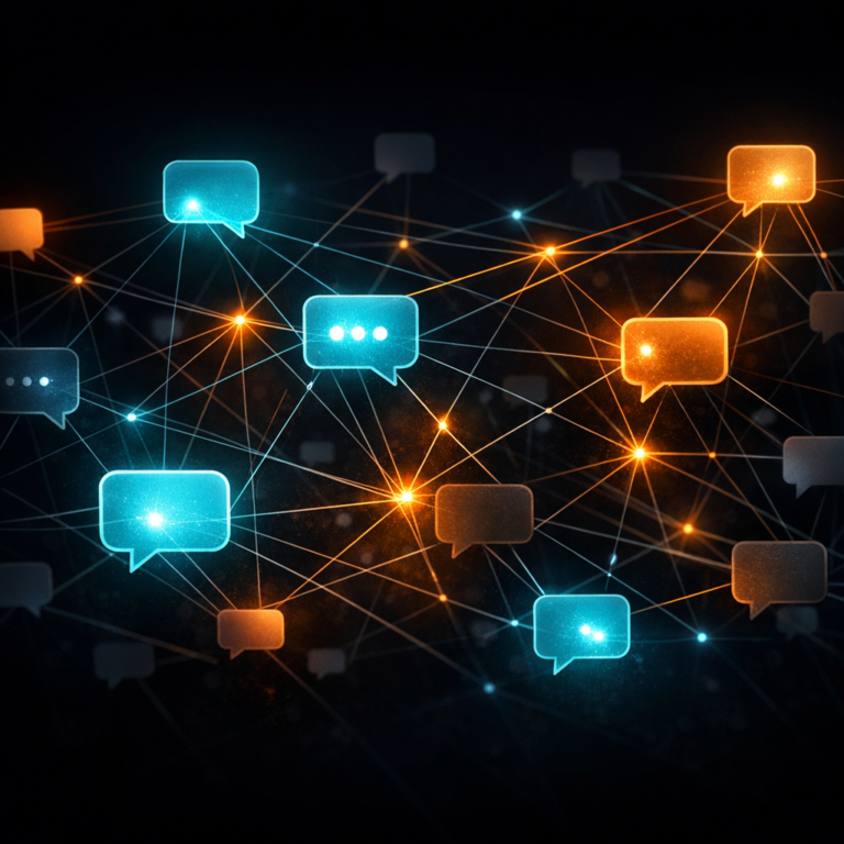 Constellation of generic speech-bubble icons connected by investigation threads representing social media OSINT