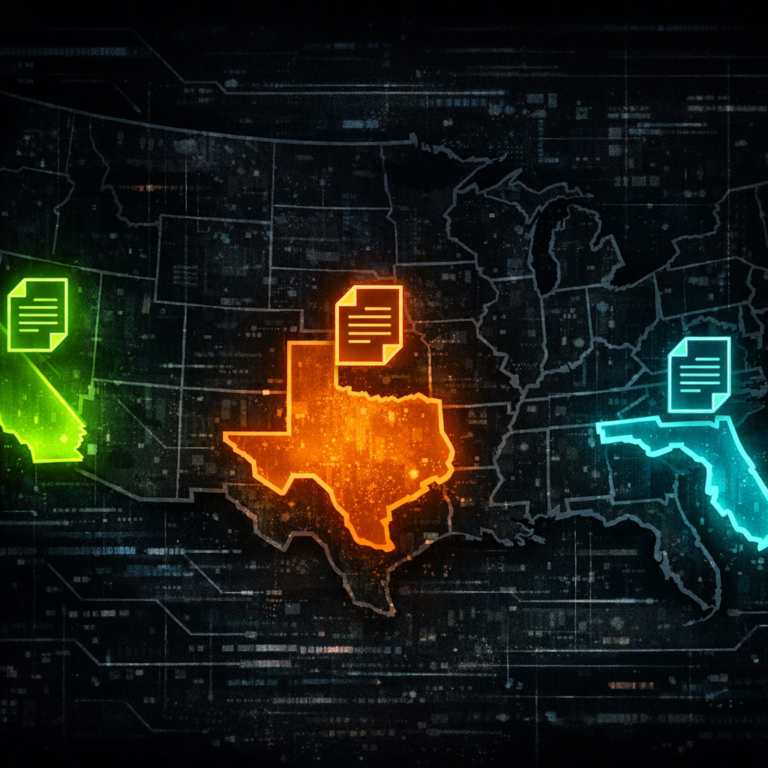 A stylised US map with California, Texas, and Florida glowing in different accent colours with legal-document icons
