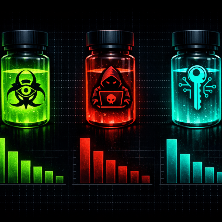 Three stylised malware vial icons with abstract emblems and bar charts showing relative market share