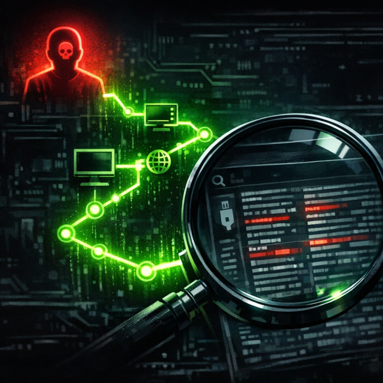 A forensic examination scene with magnifying glass over a stealer log file and a chain-of-evidence trail to an infected user