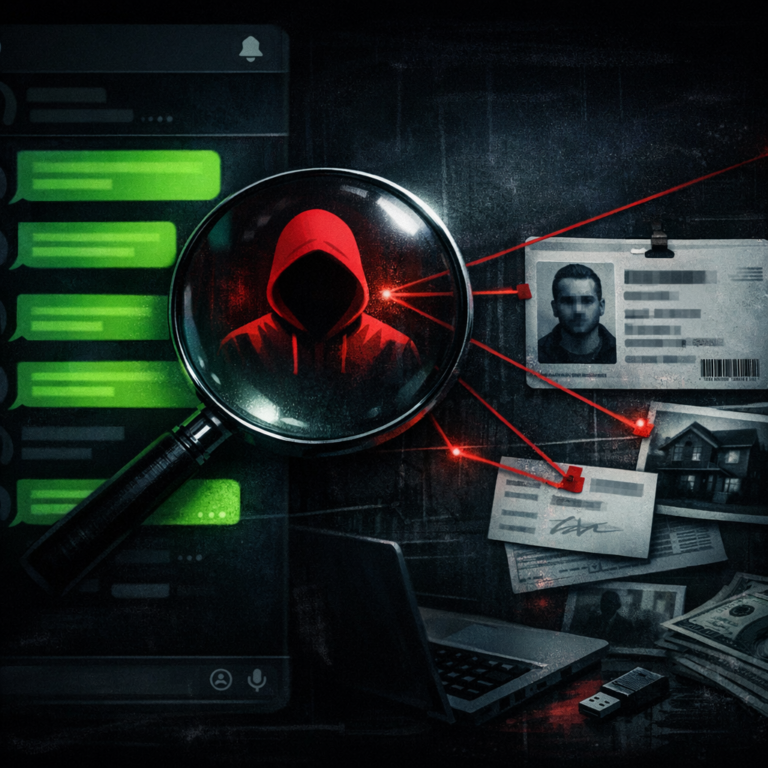 Telegram channel interface with investigation lines from a chat avatar to a real identity card
