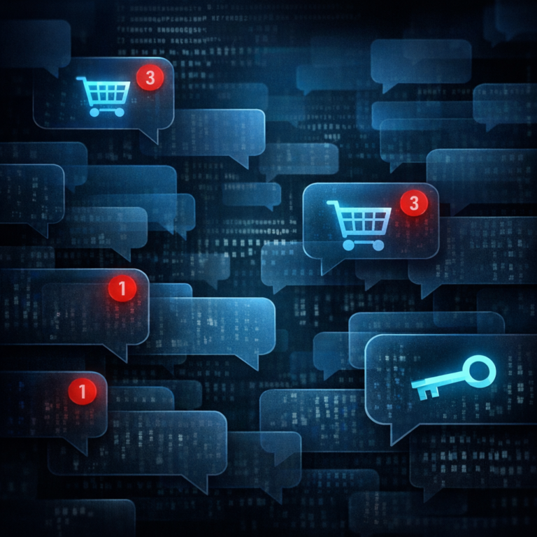 Stylised cascade of chat bubbles representing the Telegram stealer log marketplace