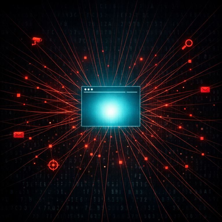 Central browser window connected to scattered tracking pixels by red threads representing web tracking