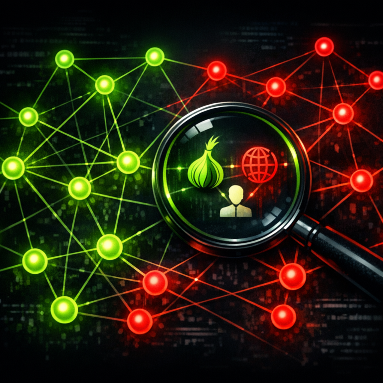 A network graph of connected onion sites and leak URLs with investigation lines and a magnifying glass