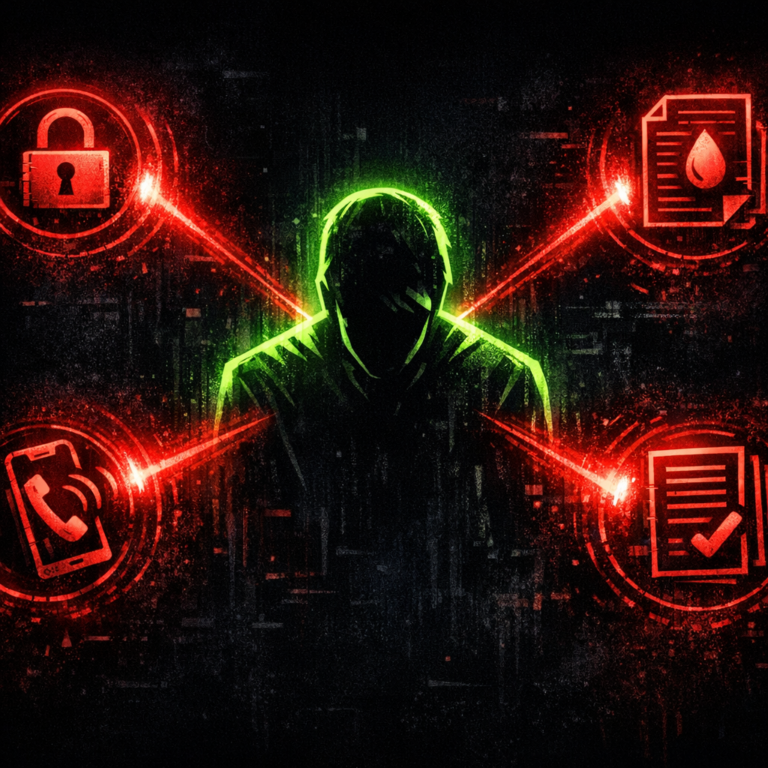 A central victim figure surrounded by four pulsing red pressure points representing different extortion vectors