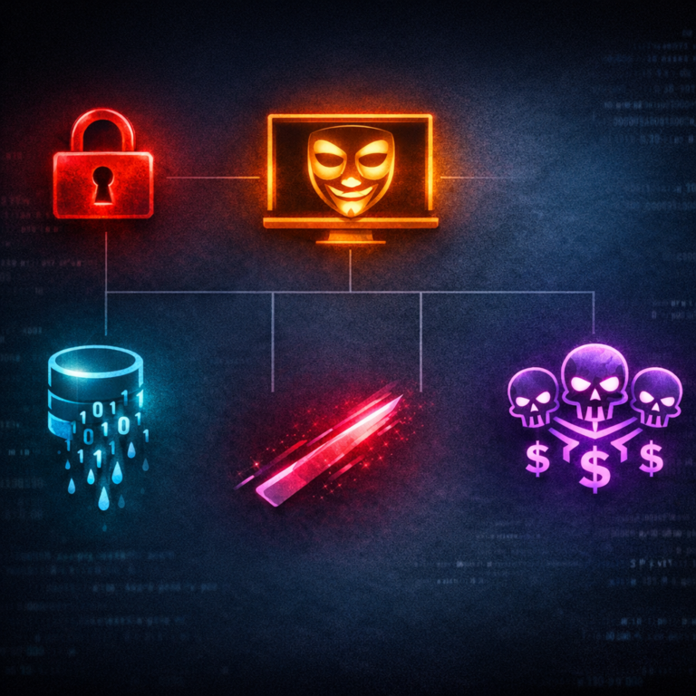 Abstract icons representing different ransomware archetypes against a dark background