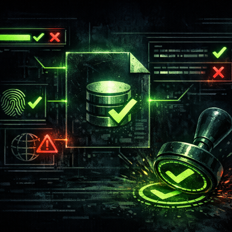 A leaked database file icon being run through a verification process with checkmarks on different attributes