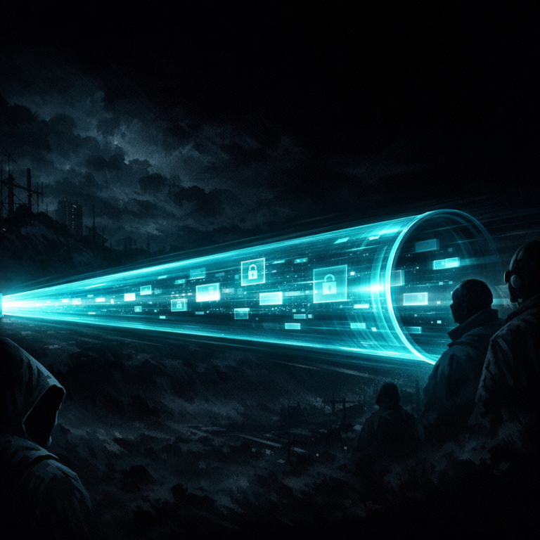 Glowing tunnel through stormy network with packets flowing inside representing VPN