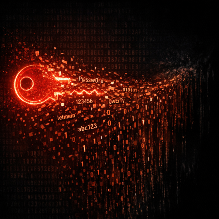 Glowing key dissolving into password fragments representing stealer logs