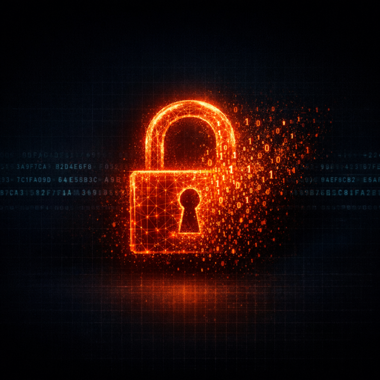 Glowing digital padlock against dark background symbolising ransomware encryption