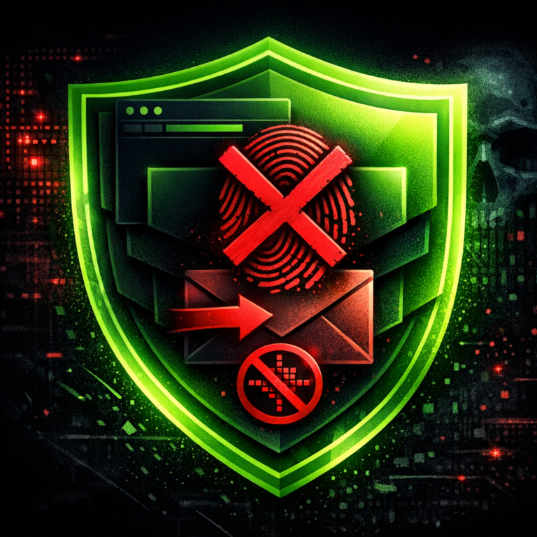 A layered shield with browser, fingerprint, email, and tracking pixel icons representing the privacy stack