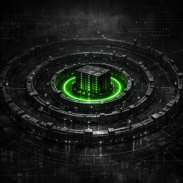 Concentric defensive rings around a glowing core with server-rack outlines, dark editorial illustration