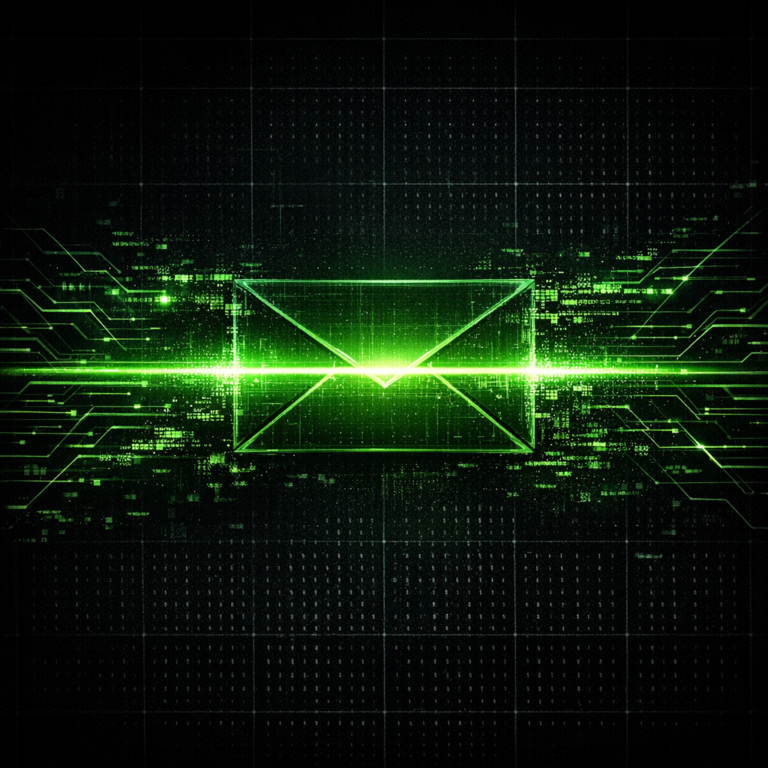 Stylised email envelope being scanned by a green beam, abstract data flow on dark background