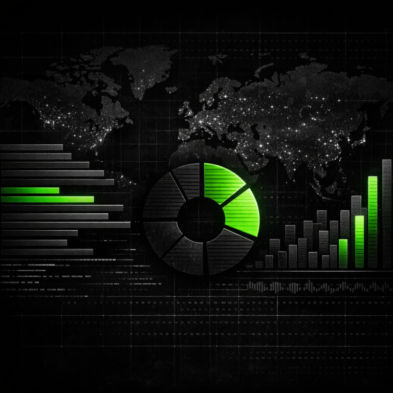 Stylised dashboard with bar charts and world-map silhouette, dark editorial illustration