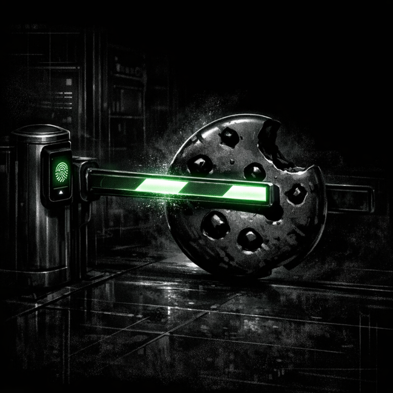 Stylised cookie slipping past a glowing security barrier, dark editorial illustration