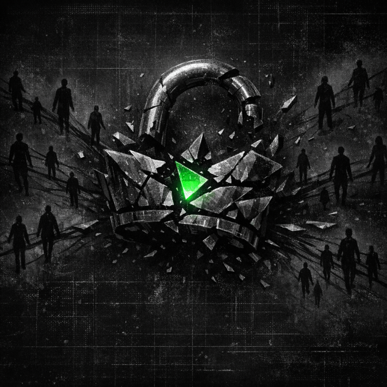 Fragmented padlock with shadow figures dispersing in different directions, dark editorial illustration