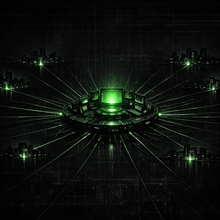 Central control hub with thin connection lines radiating to many small building silhouettes, dark editorial illustration