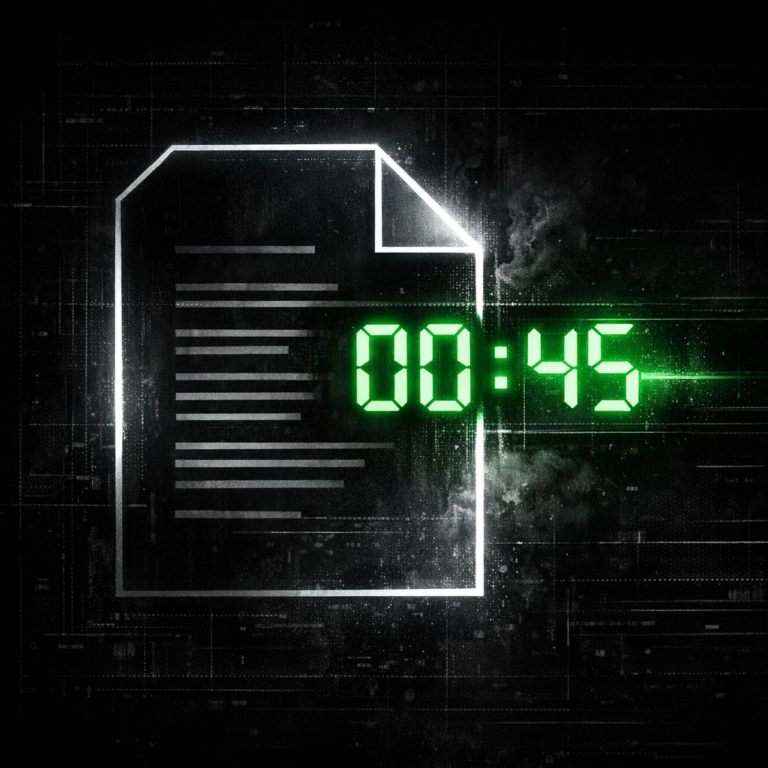 Stylised official document and glowing countdown timer, dark editorial illustration