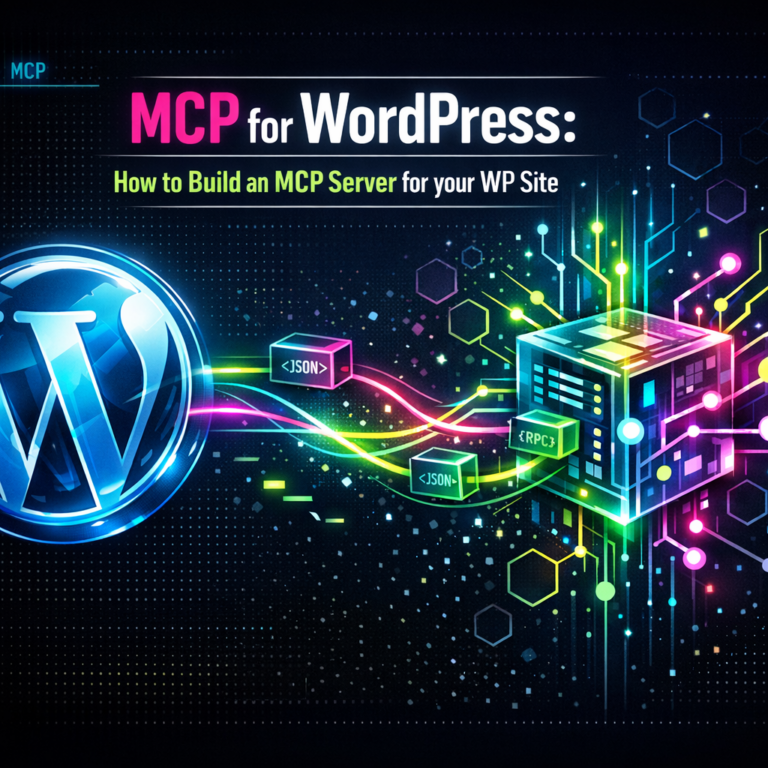 Illustration combining the WordPress mark with an MCP architecture node and JSON-RPC data flow