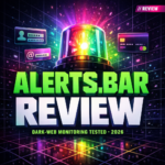 Editorial cover image with large ALERTS.BAR REVIEW typography over an alert-beacon and credential-cards illustration