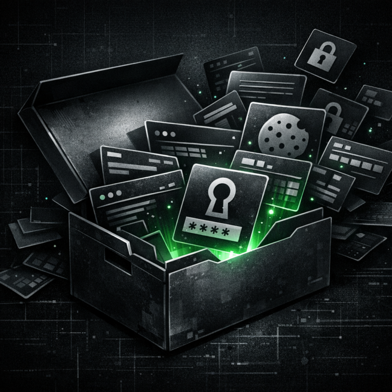 Opened archive box with abstract data cards spilling out, dark editorial illustration