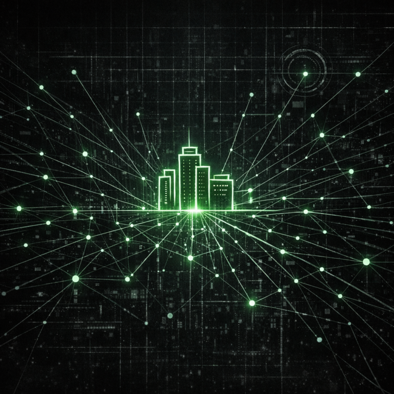 Network of nodes radiating from a central building outline, dark technical illustration