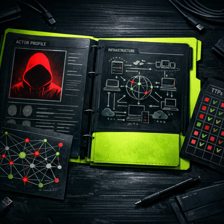 A dossier folder with actor profile, network graph, and TTPs grid arranged on a desk