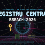 Synthwave cover for the Registrų centras 2026 breach: 600,000 records exposed from two state registers, neon perspective grid, floating registry document and broken padlock