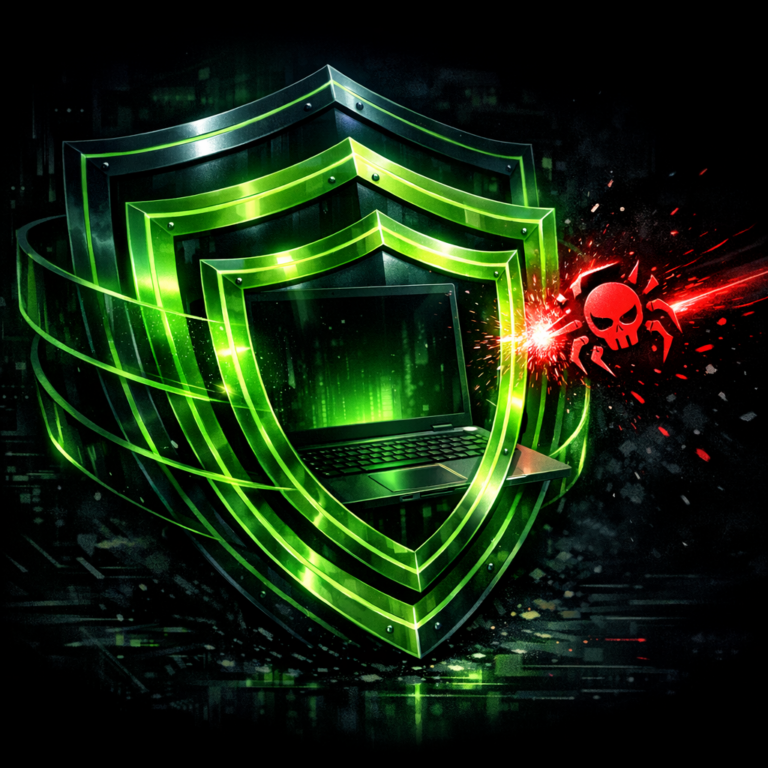 A laptop wrapped in multiple shield layers deflecting a malware icon