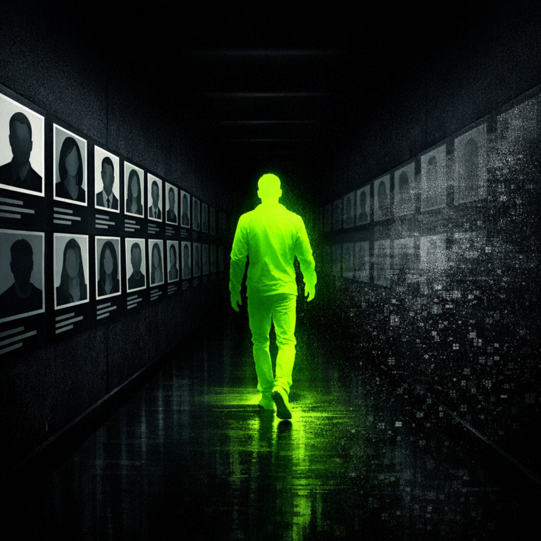 A figure walking through a hallway of profile photos that progressively dissolve as they pass