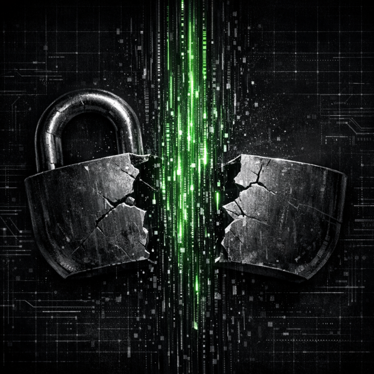 Stylised padlock split in two with abstract data streams spilling out, dark editorial illustration