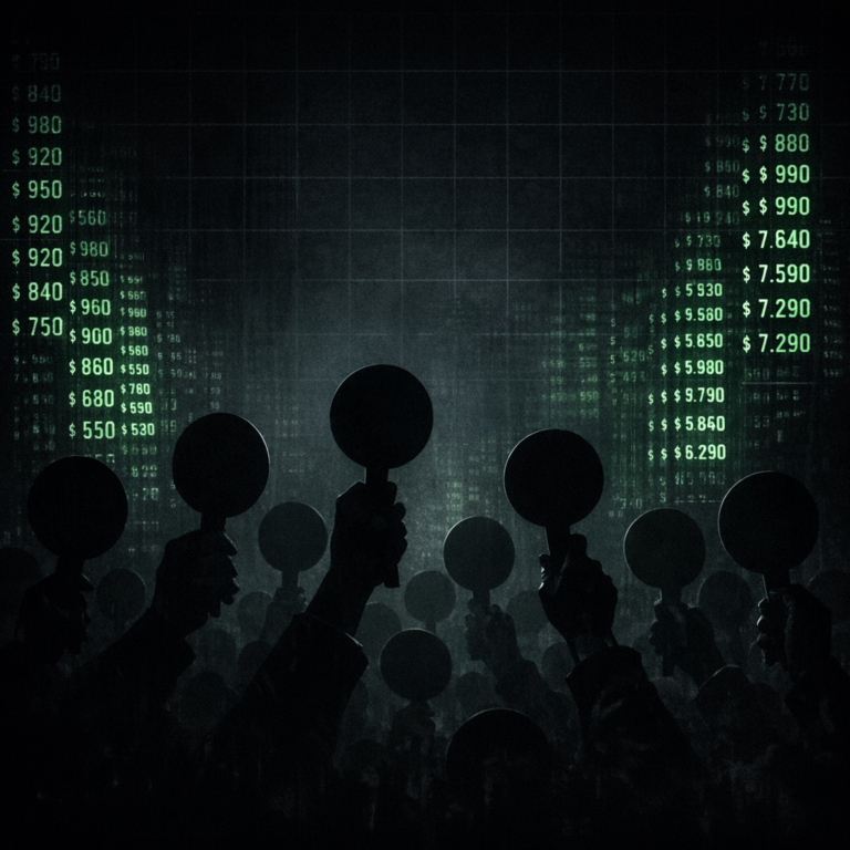 Abstract dark auction illustration with raised bidding paddles in shadow and rising green price ladders