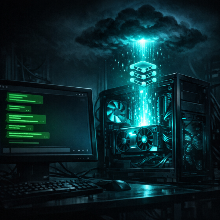A desktop GPU tower with model weights flowing in and a green chat interface on a monitor