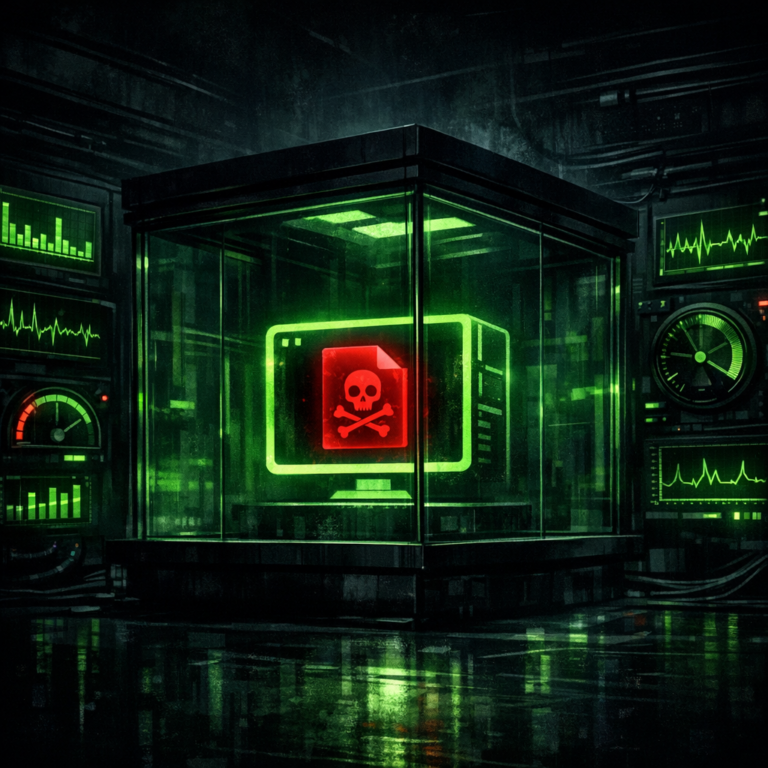A glass-walled isolated room containing a VM analysing a malicious file with monitoring meters outside