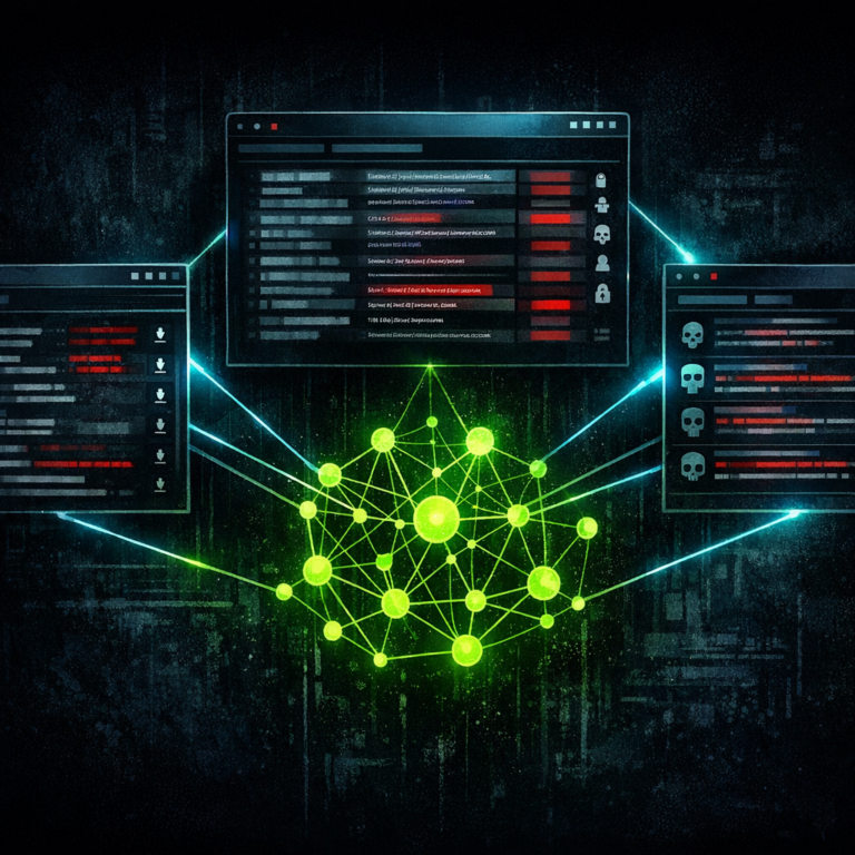 Three cascaded browser windows with search results connected by lines to a central entity graph