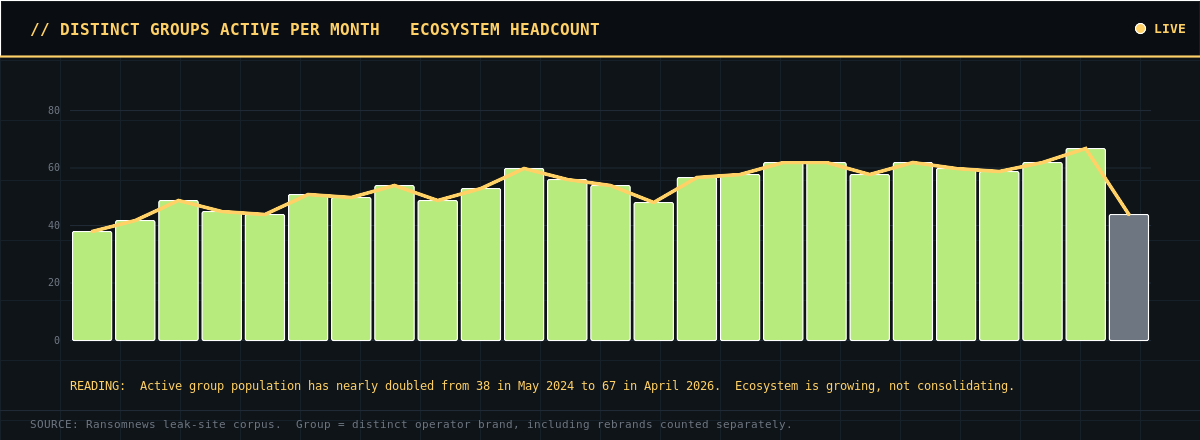 Distinct groups active per month: from 38 in May 2024 to 67 in April 2026, near-doubling of active population