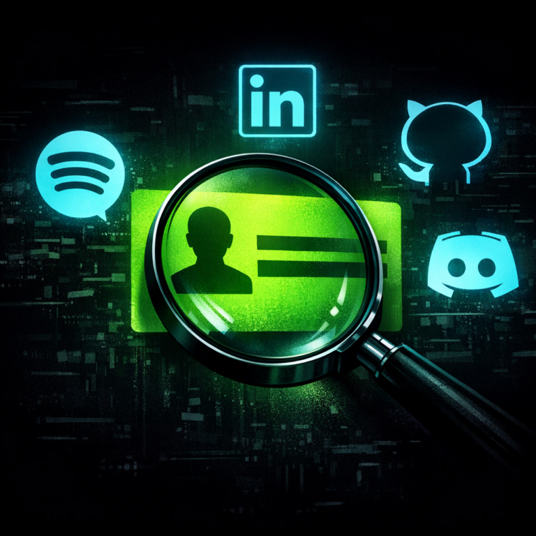 A magnifying glass over a digital identity card with multiple connected account icons fanning out