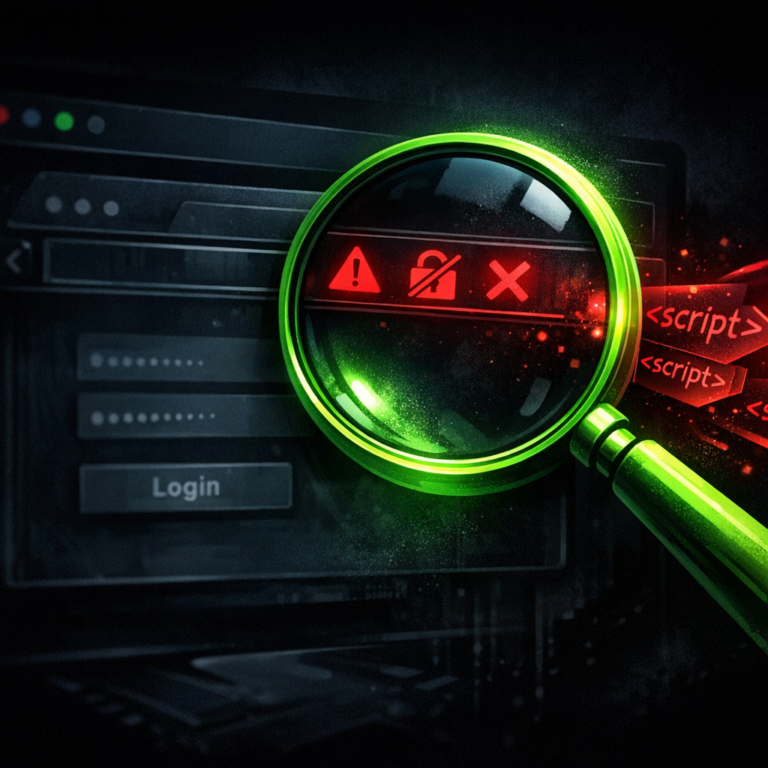 A magnifying glass scanning a fake login page with red warning indicators visible